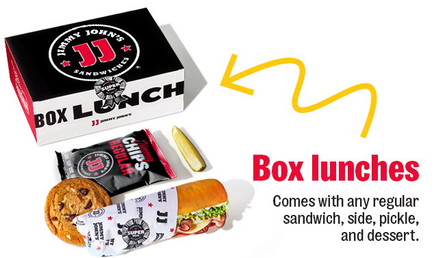 Box Lunches comes with any regular sandwich,side,pickle and dessert
