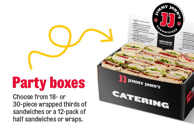 Party boxes choose from 18-or 30-piece wrapped thirds of sandwiches or a 12-pack of half sandwiches or wraps