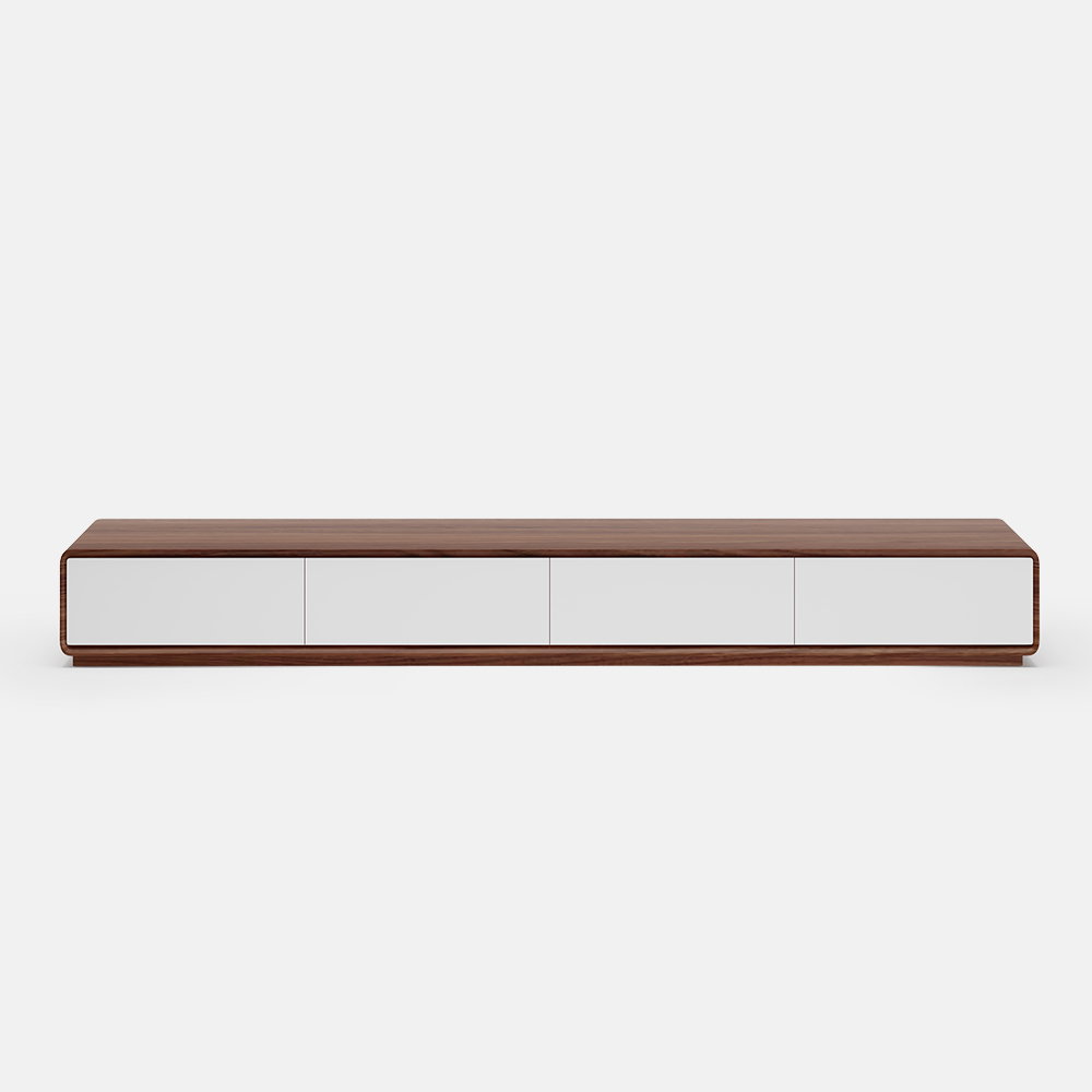 Image of Modern Wood TV Stand, Minimalist Lowline Media Console with Drawers, Walnut Veneer, 78.7