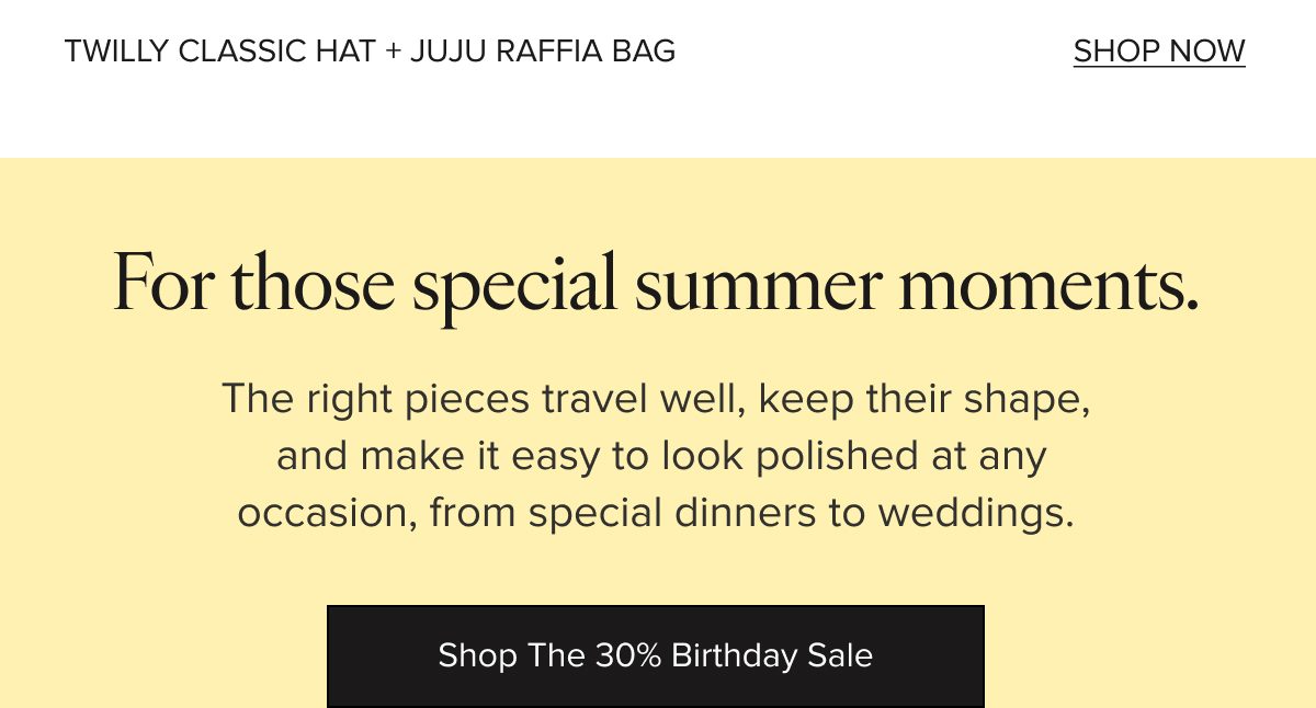 Text about special summer moments and travel-friendly pieces.