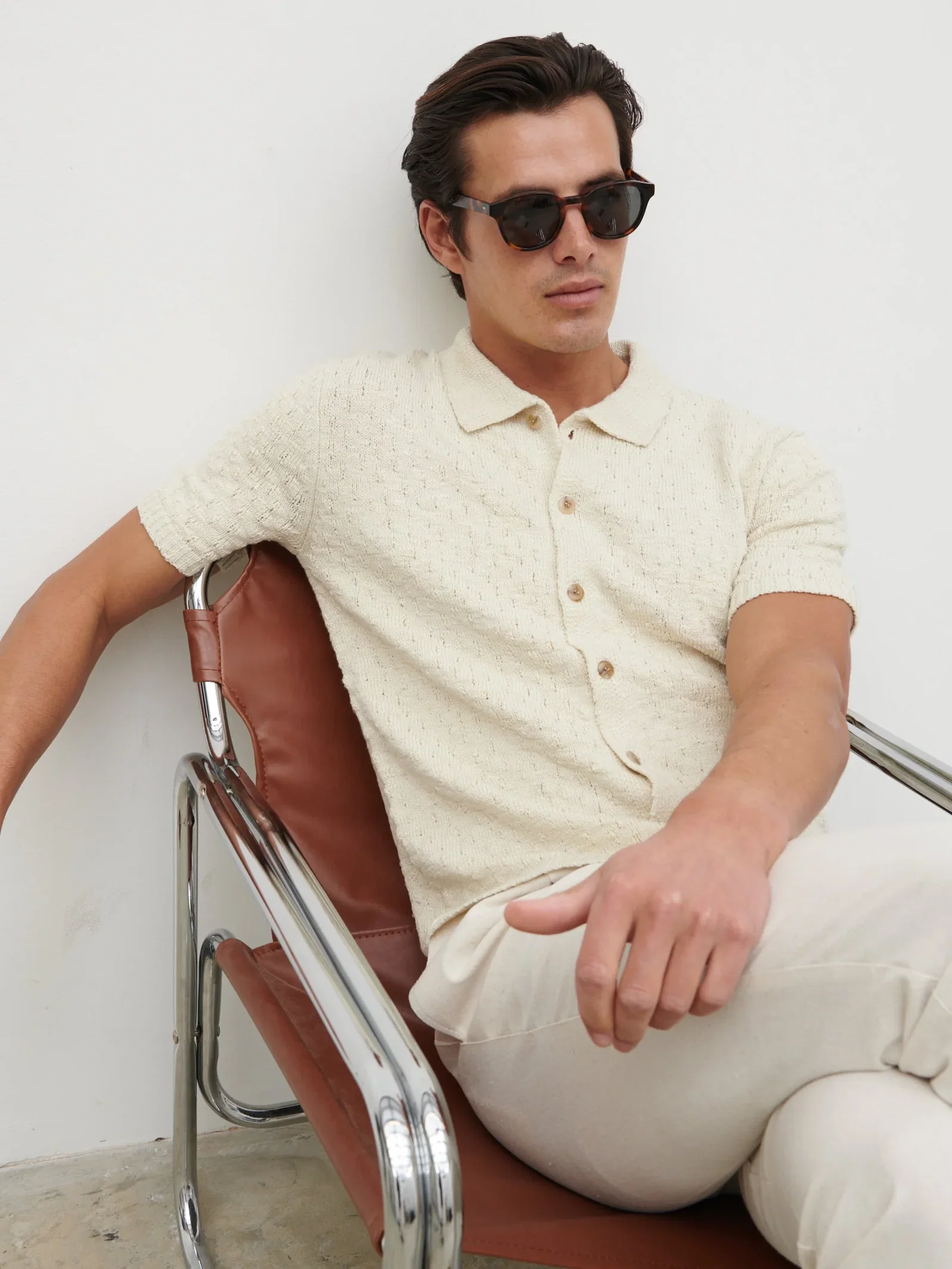 Image of Lennox Rustic Openwork Knit Shirt - Cream