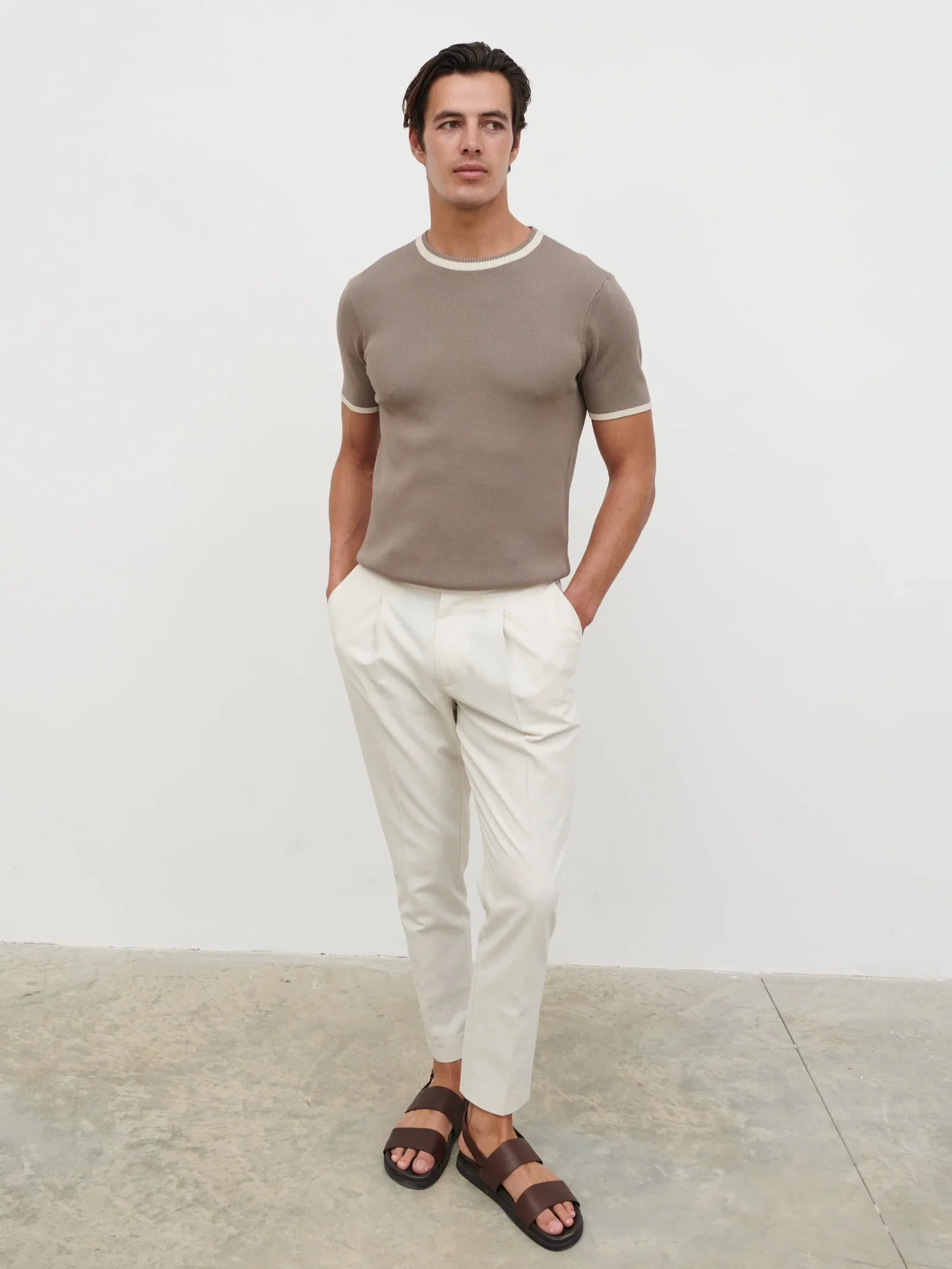 Image of Harley Knit T-Shirt - Dark Taupe and Cream