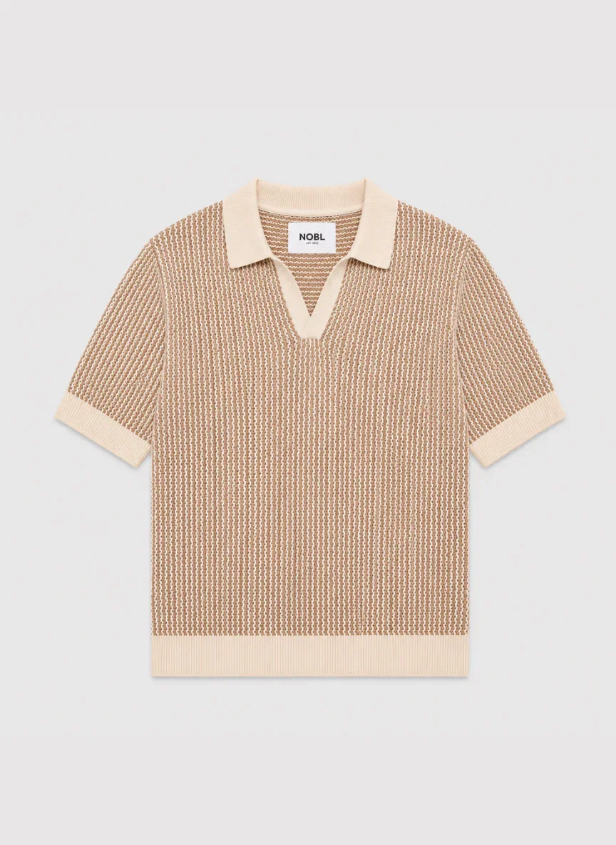 Image of Orian Textured Stripe Knit Polo - Brown and Taupe