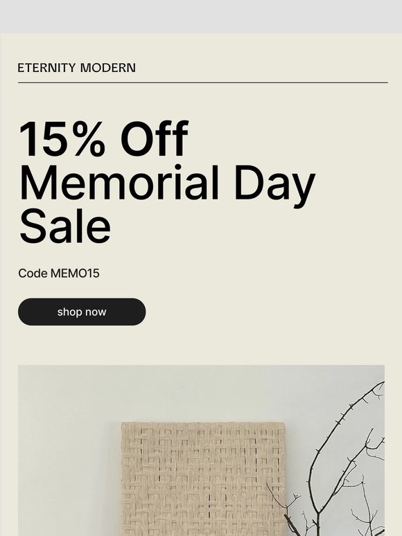 15% off. Memorial Day Sale starts now.