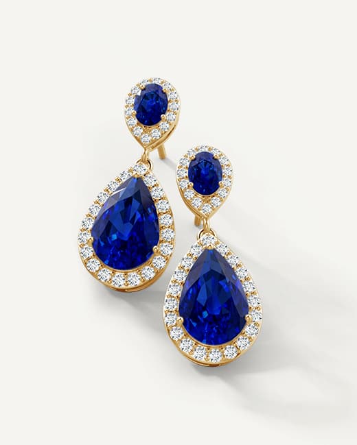 Lab Blue Sapphire Halo Drop Earrings
