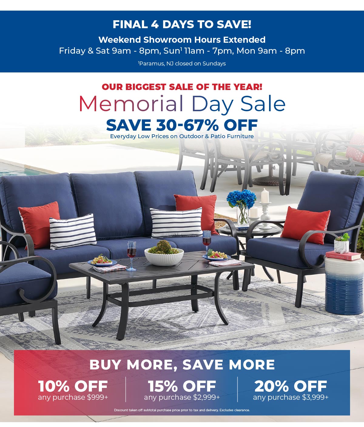 Memorial Day Sale - save 30-67% off patio furniture 