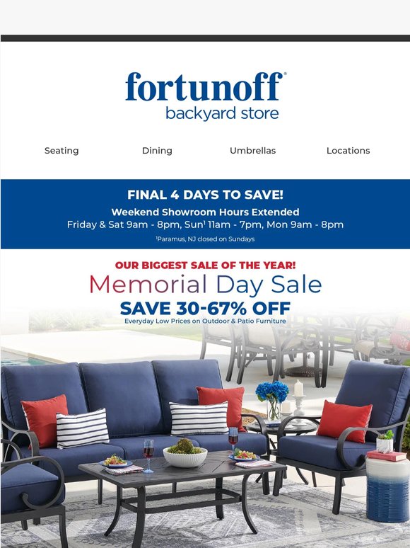 FINAL 4 DAYS for 30-67% off patio furniture during our Memorial Day Sale❗