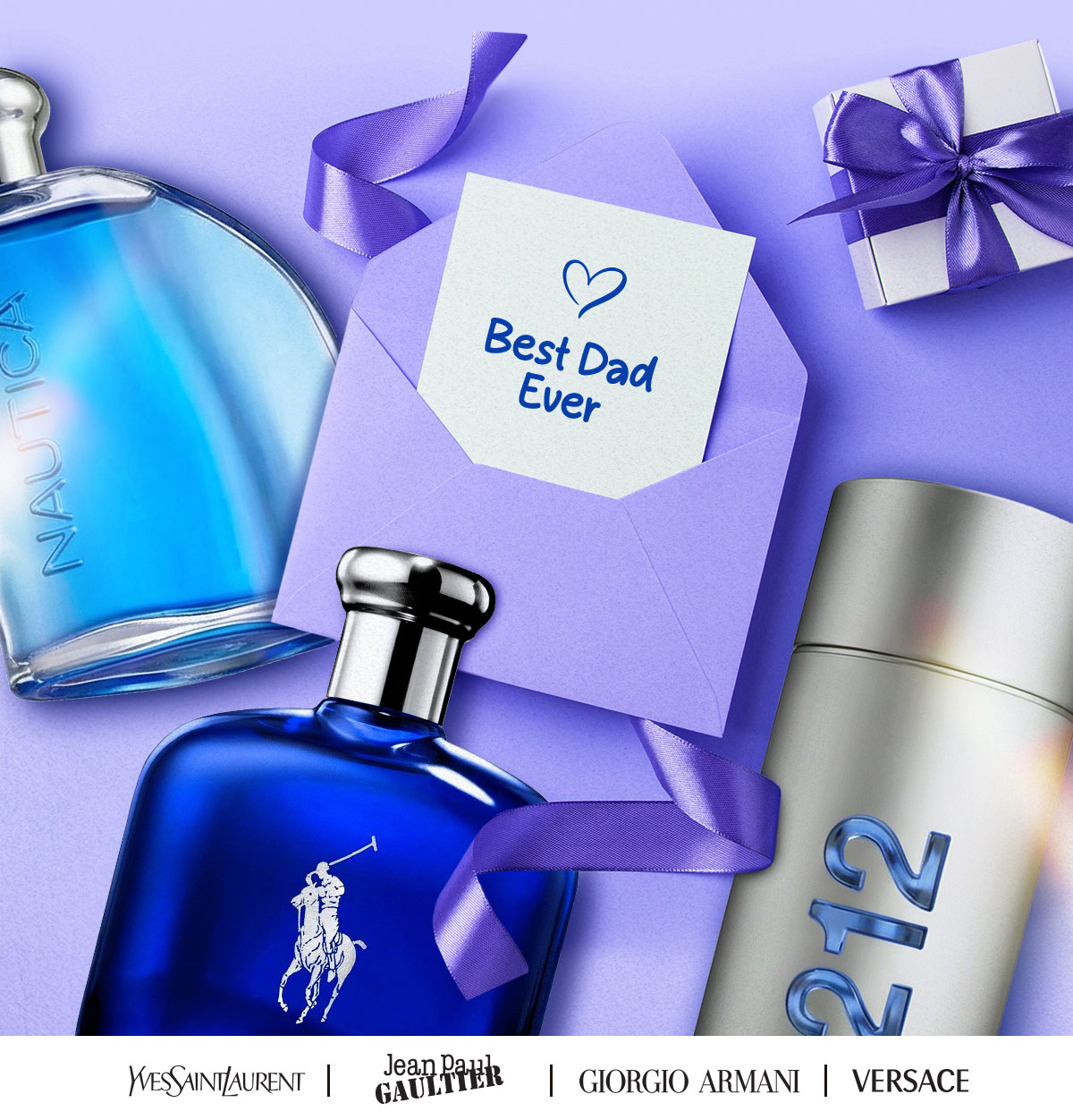 Popular colognes surround a Father's Day card and gift during savings event