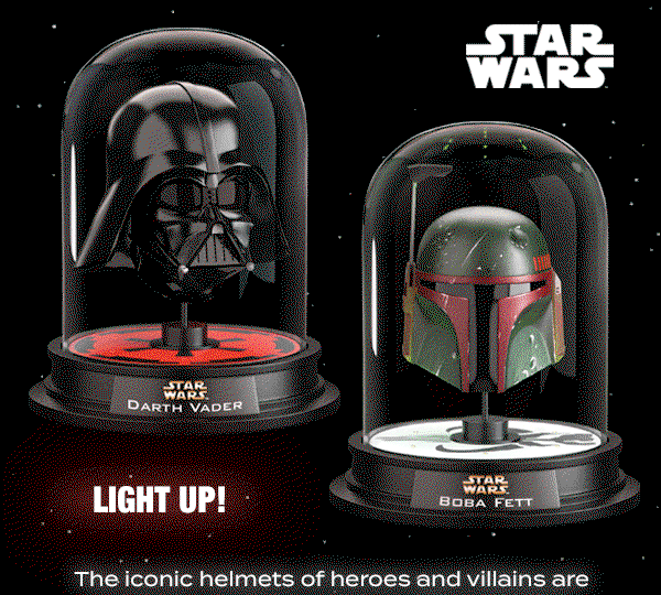 Check out each handcrafted helmet in its protective dome, aglow with colored light from the base.