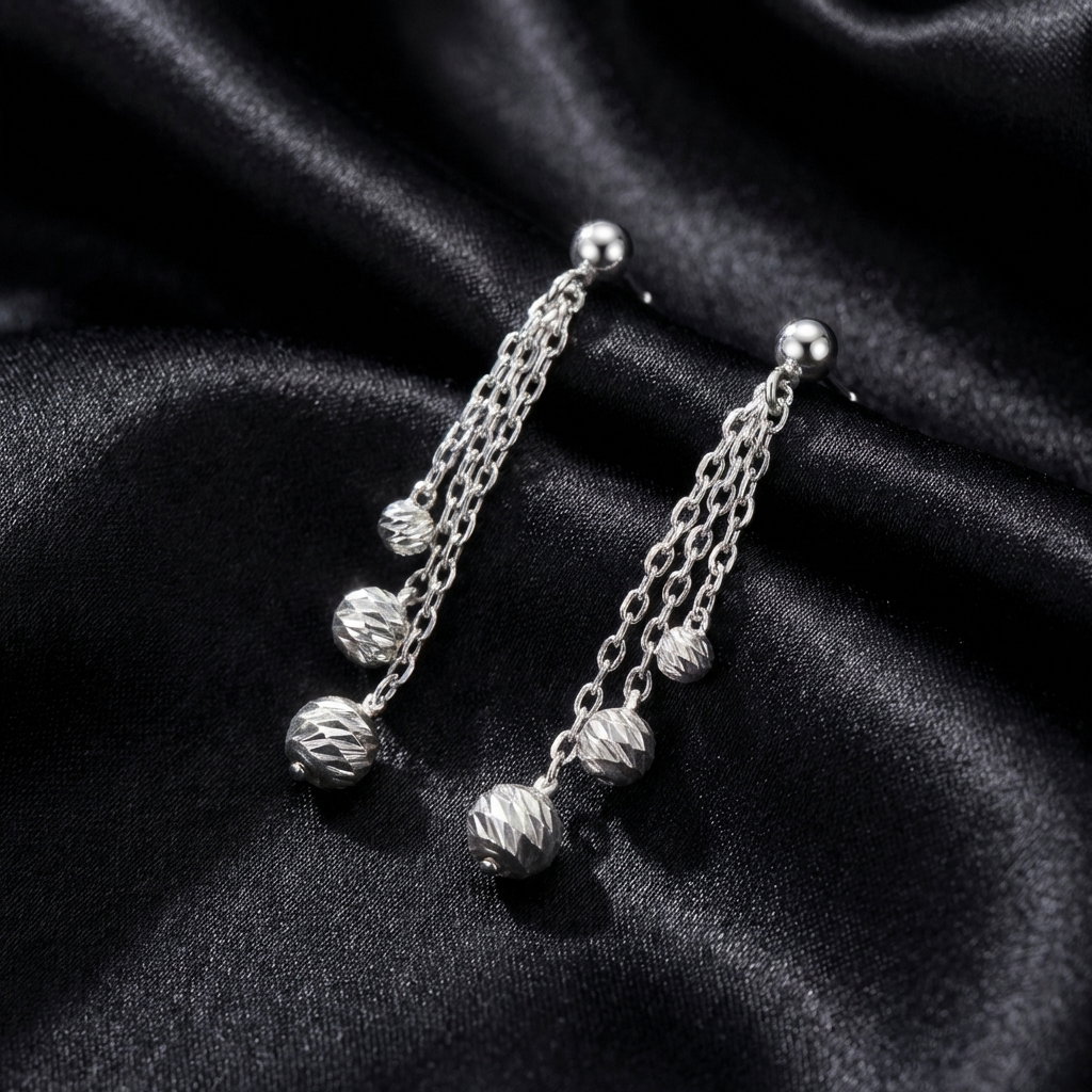 Boucles d'oreilles pendantes Argent 925 rhodié 3 chaînettes boules ciselées