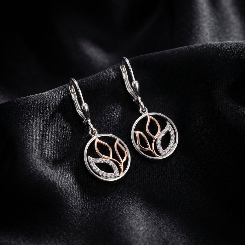Boucles d'oreilles Pendantes Argent 925 Rhodié et Rosé motif Fleurs et Oxydes