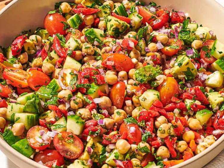 Mediterranean chickpea salad in a serving bowl.