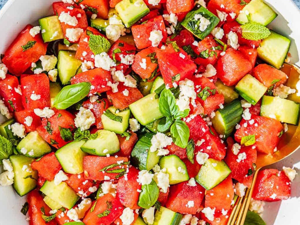 Watermelon Salad with Feta, Cucumber, and Mint in a serving bowl.
