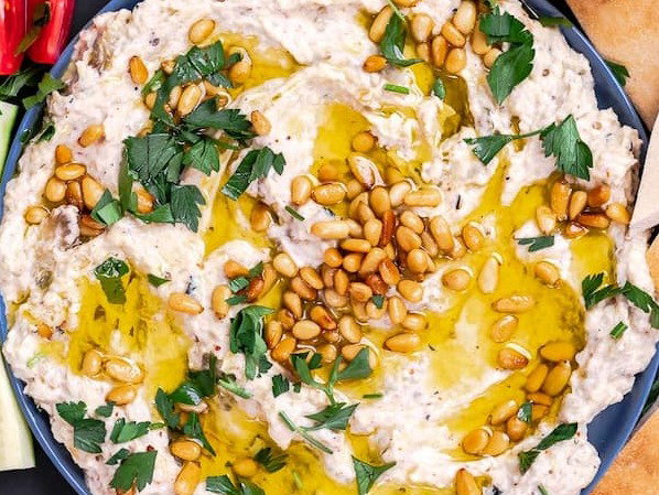 Baba ganoush in a serving bowl.