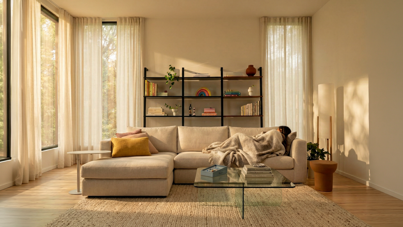 A fabric sofa and is displayed in a living room