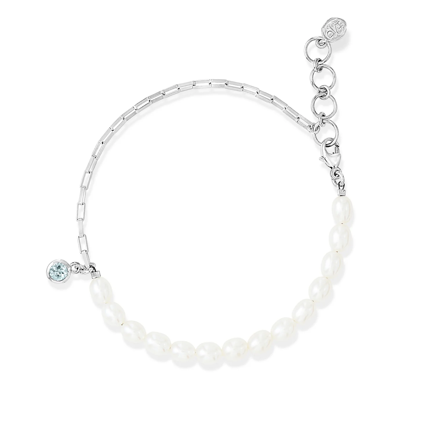 Image of Luna White Pearl, Chain and Aquamarine Drop Bracelet