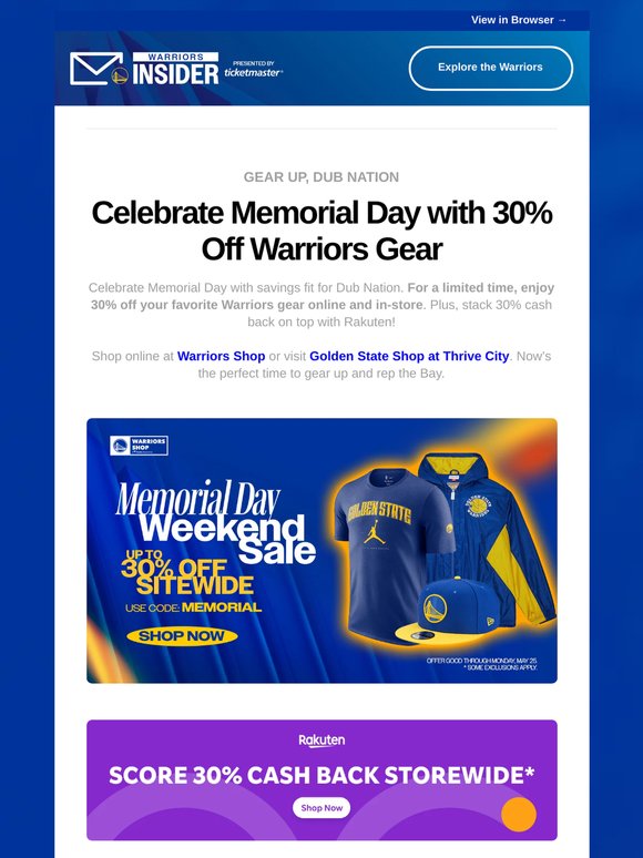 30% Off Warriors Gear to Celebrate Memorial Day ⏰