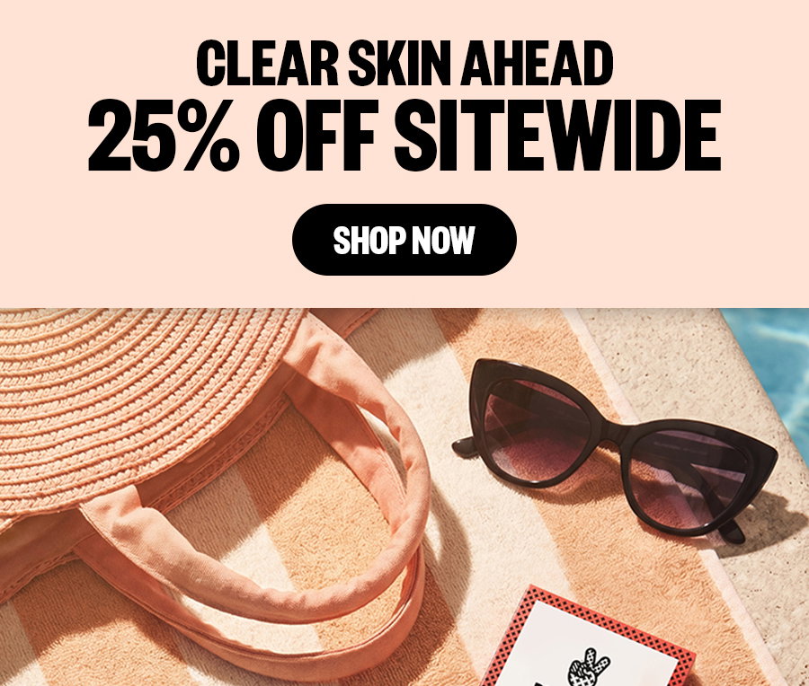 Clear Skin Ahead | 25% OFF Sitewide Peace Out Products sit atop a beach towel