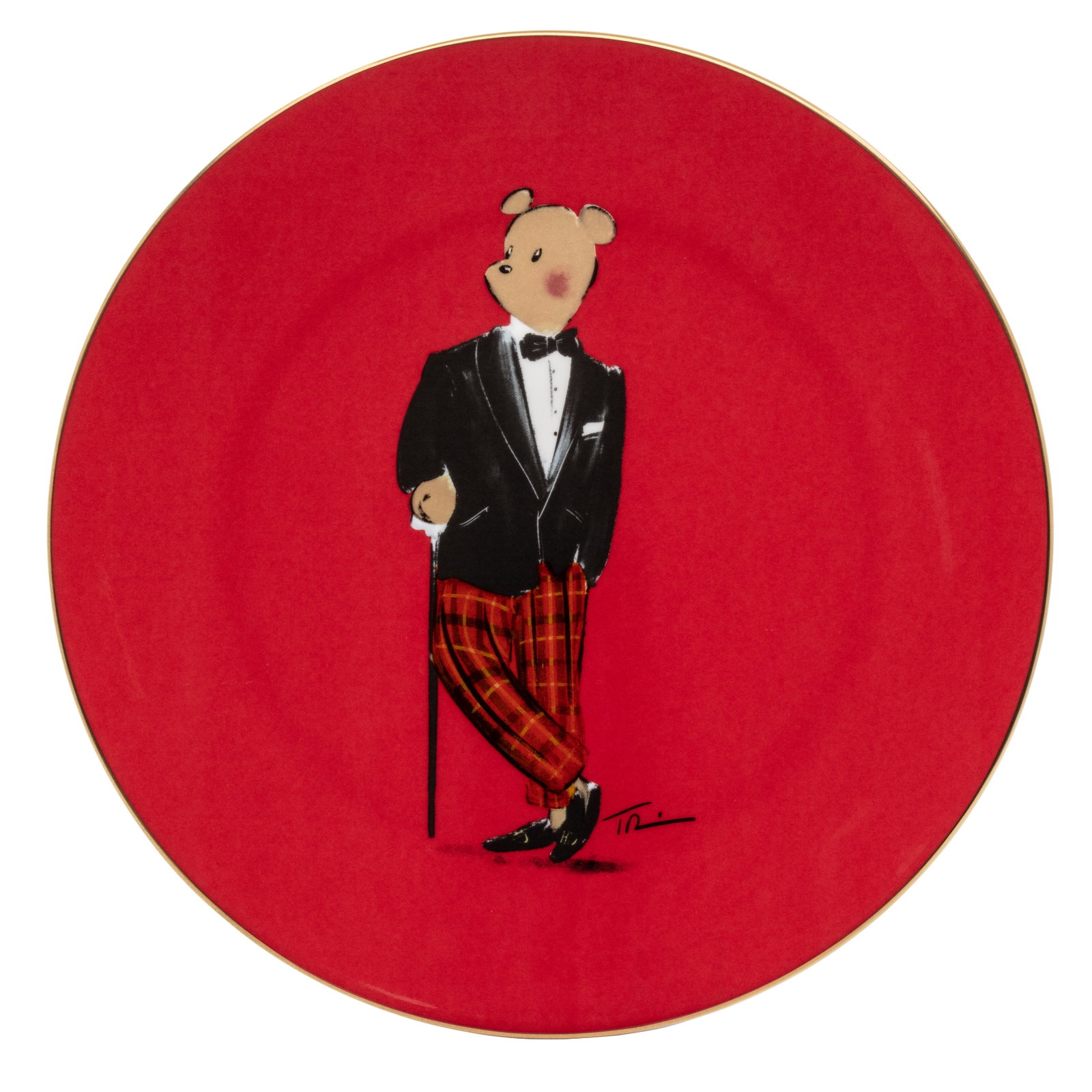 Image of Tug Rice "Hal the Bear" - Round Birchwood Tray in Red