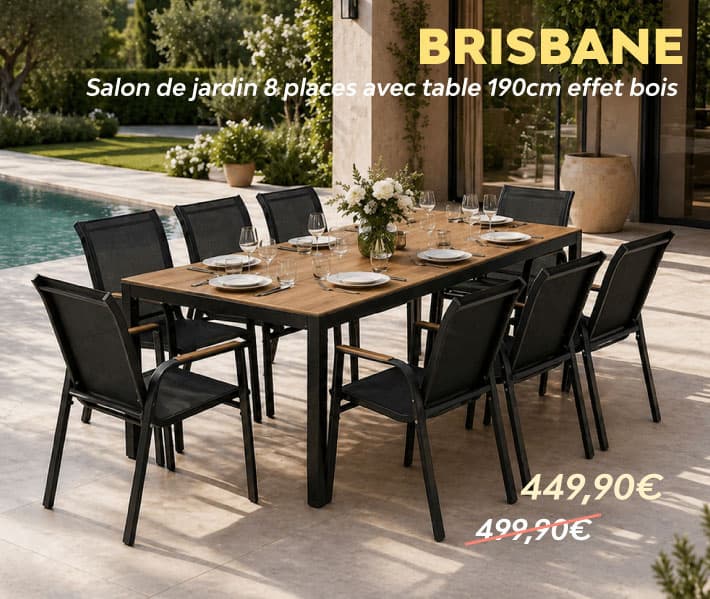 Salon de jardin 8 places avec table 190cm effet bois BRISBANE