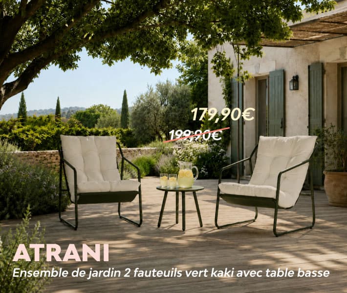 Ensemble de jardin 2 fauteuils vert kaki avec table basse ATRANI