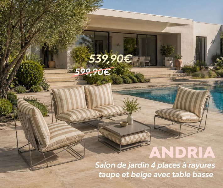 Salon de jardin 4 places à rayures taupe et beige avec table basse ANDRIA