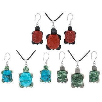 Red Jasper, Green Spot Stone, & Turquoise Color Jasper Turtle Necklace & Earring Set of 3