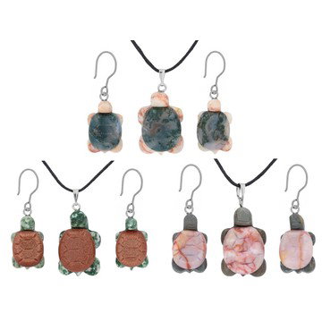 Goldstone, Moss Agate, & Pink Web Marble Turtle Necklace & Earring Set of 3