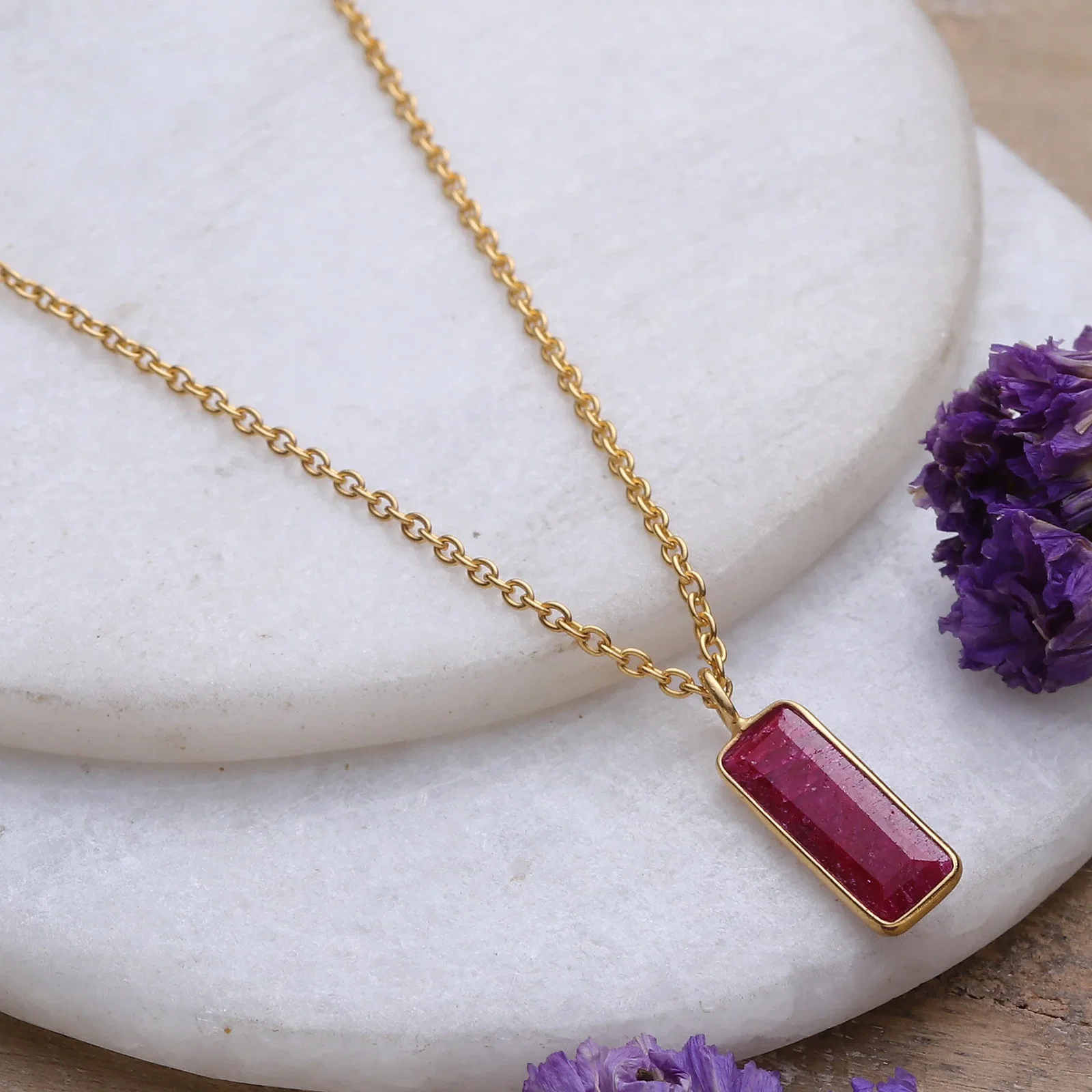 Image of 18k Gold-Plated Necklace with Rectangular Ruby Stone Pendant - Vibrant Glam
