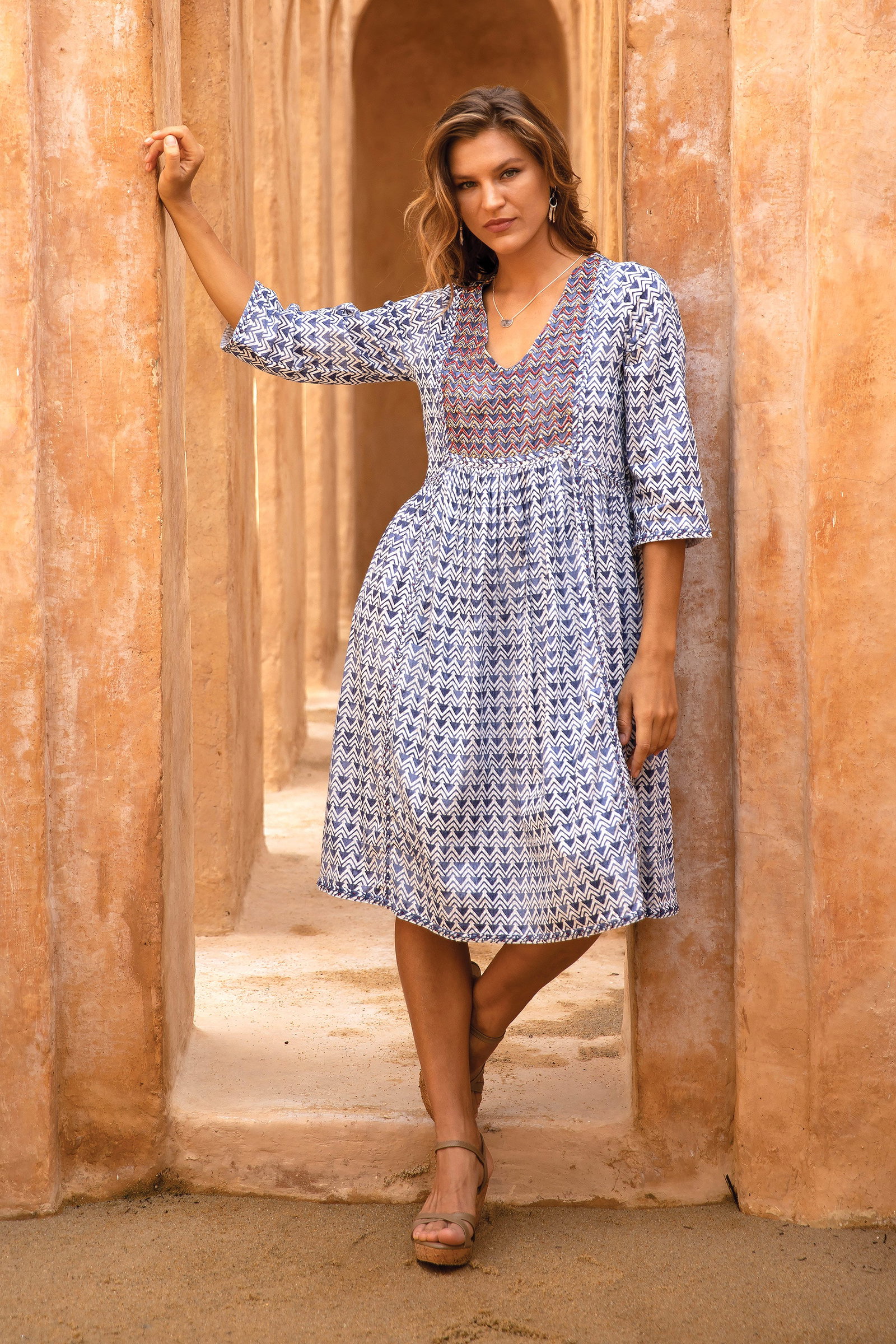 Image of Embroidered Indigo Cotton Shift Dress with Sequin Accents - Easy Breezy