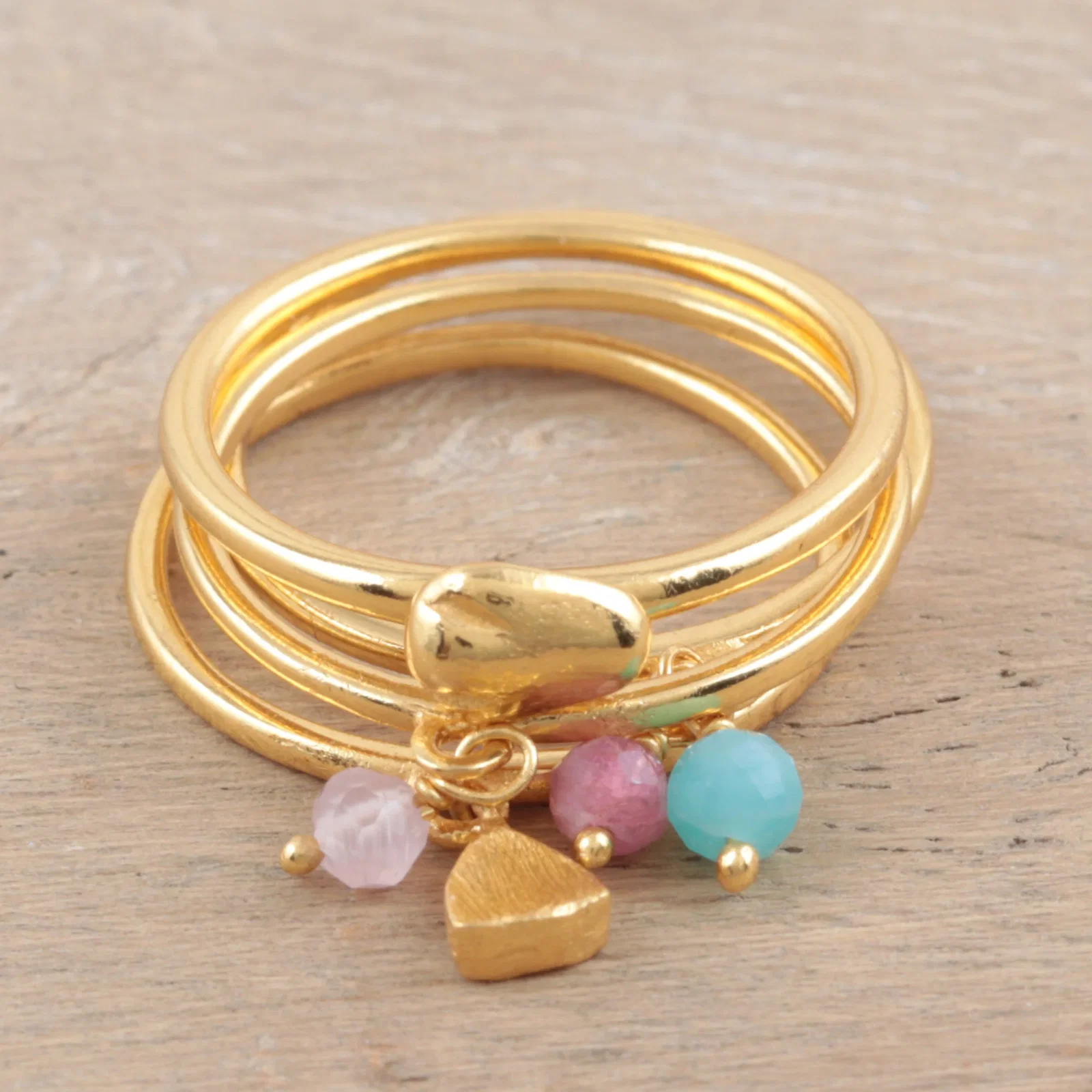 Image of Gold-Plated Gemstone Stacking Rings (Set of 4) - Day Date