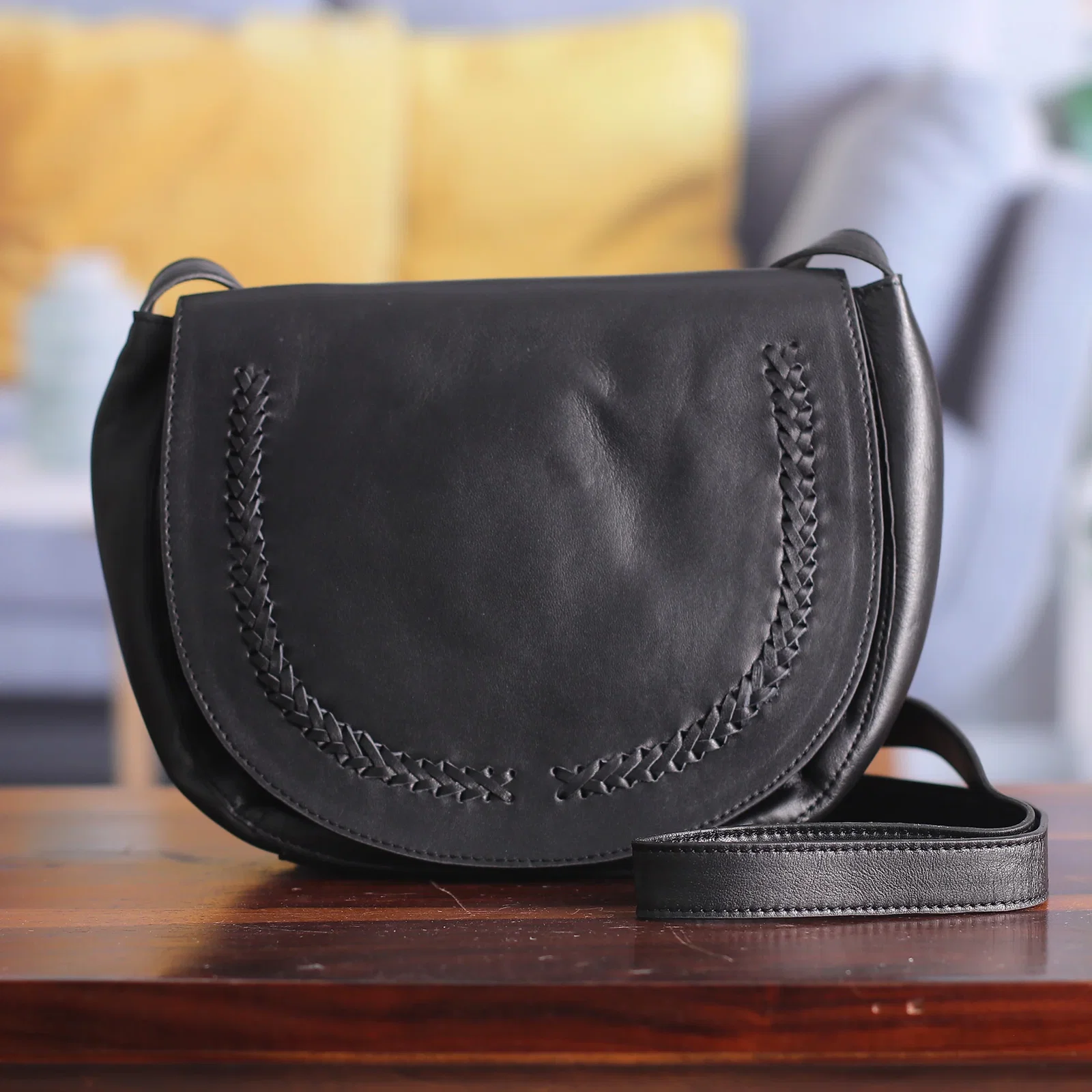Image of Hand Crafted Black Leather Sling Bag - Sing Softly in Black'