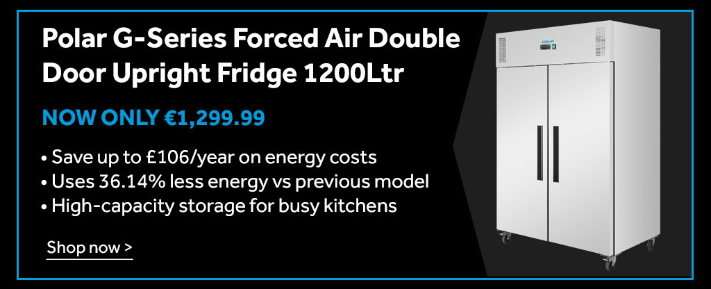 Polar G-Series Double Door Upright Fridge 1200L  Save up to £106/year on energy costs  Uses 36.14% less energy vs previous model  High-capacity storage for busy kitchens. now only  €1,299.99