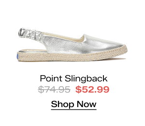 A side view of the Point Slingback Metallic Leather Jute Foxing in silver. The style was $74.95 and is now $52.99 for a limited time. Shop Now.