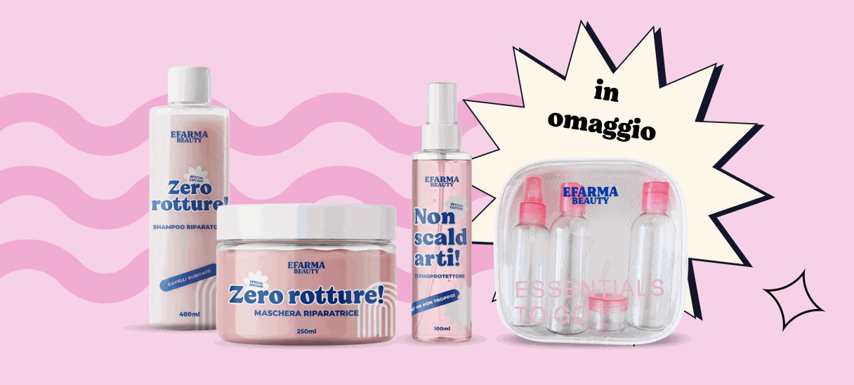 Promotional pink haircare set: 'Zero Rotture' shampoo, mask and spray with free travel bottles in clear case on wavy pink background