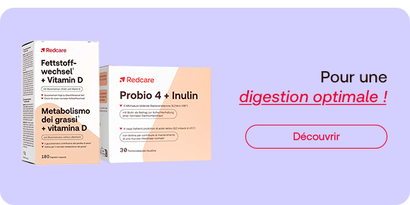Compléments Redcare Probio 4 + Inulin et vitamine D pour une digestion optimale, avec bouton découvrir.