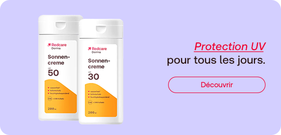 Crèmes solaires Redcare SPF 30 et 50 avec message « Protection UV pour tous les jours » et bouton découvrir.