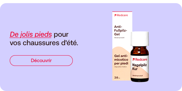 Produit antifongique pour les pieds Redcare avec message « De jolis pieds pour vos chaussures d’été » et bouton découvrir.