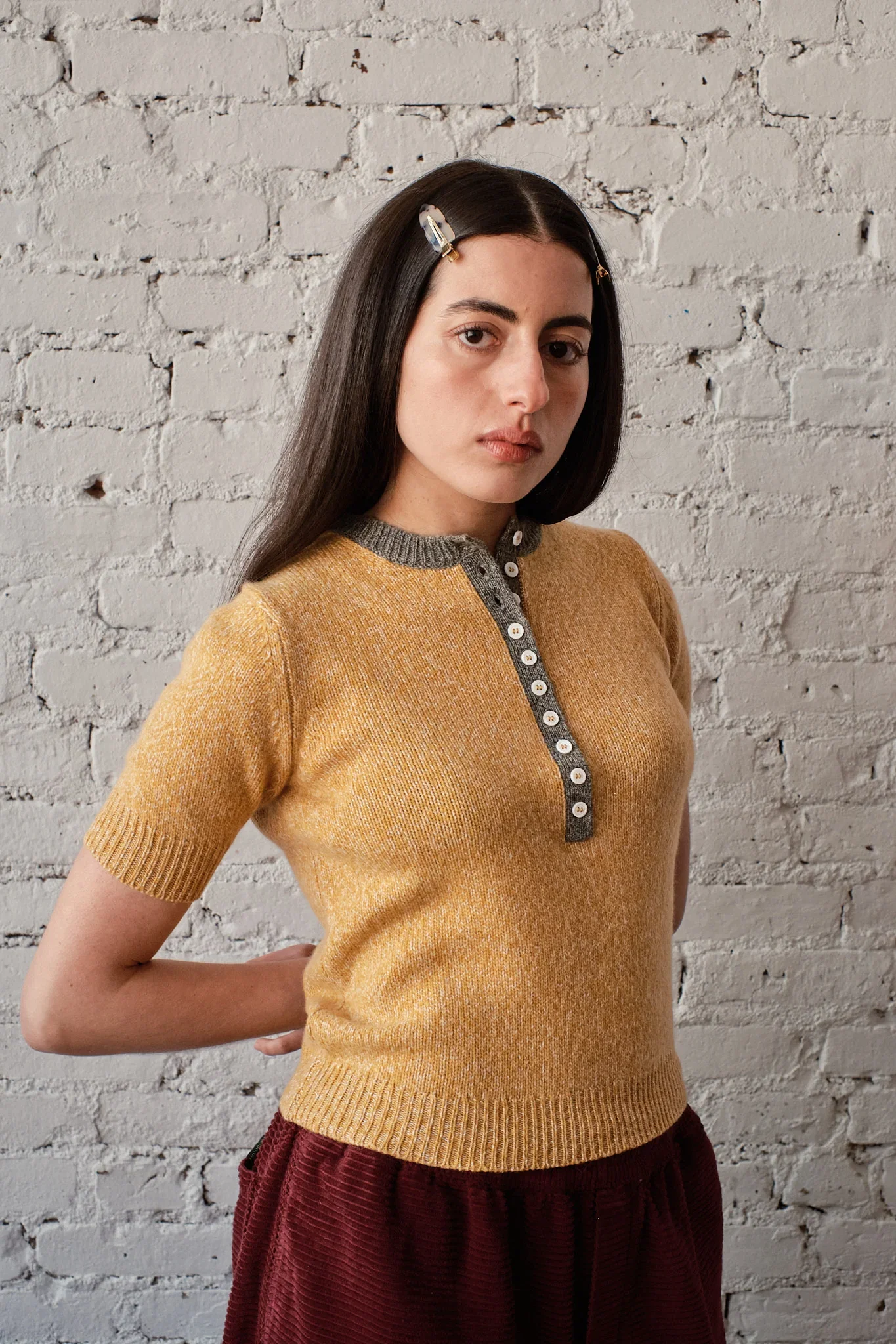 Image of Cecilia Marl Cashmere Henley- Mustard/Dove