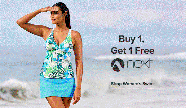 Image of a woman in a printed swim top and solid swim skirt. Buy 1, get 1 free. Next by Athena logo. Shop women's swim.