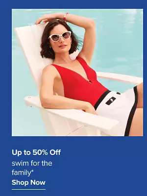 A woman sitting by a pool. Up to 50% off swim for the family. Shop now.