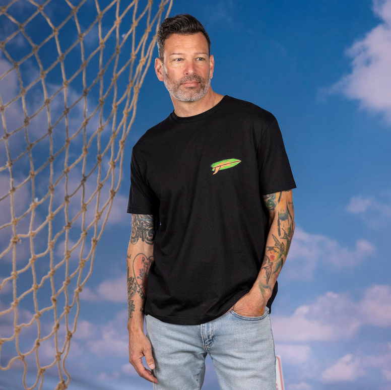 Man wearing Jaws crewneck t-shirt