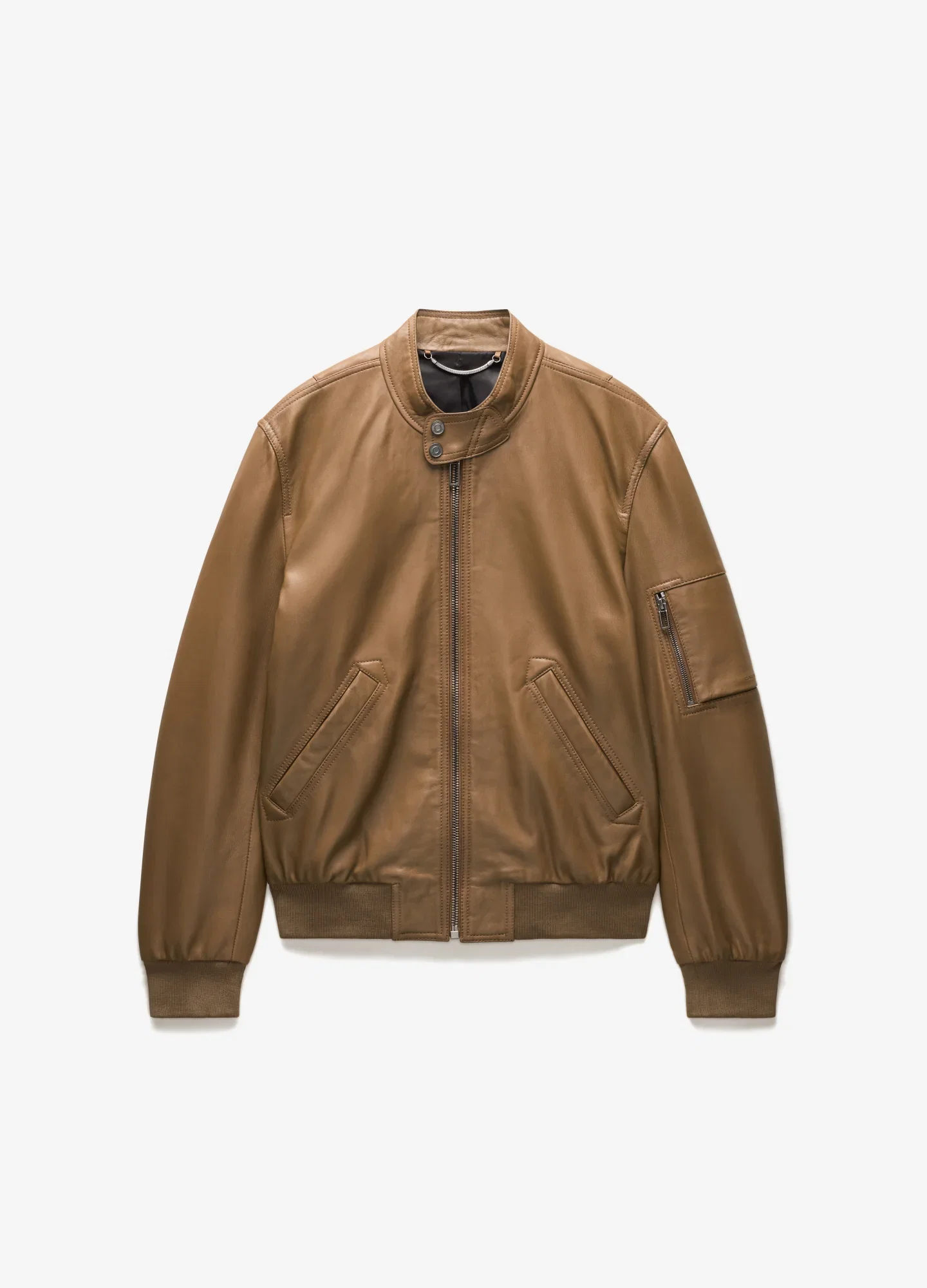 Image of Stand Collar Leather Bomber Jacket Camel