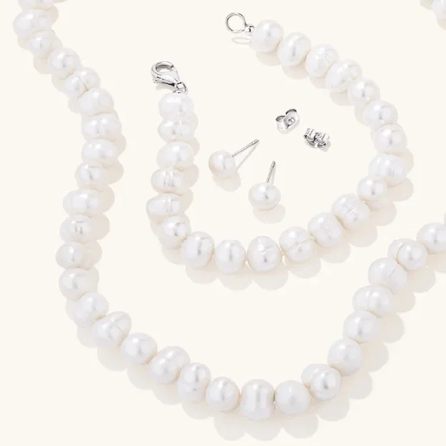 White Freshwater Pearl Necklace, Bracelet and Earring Set in Sterling Silver