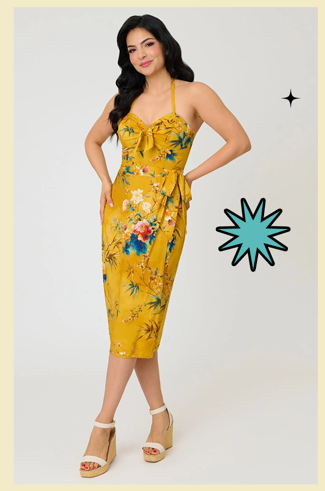 Unique Vintage Mustard Floral Leilani Sarong Dress
