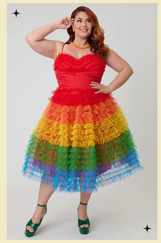 Unique Vintage Plus Size Rainbow Ombre Tulle Cupcake Swing Dress