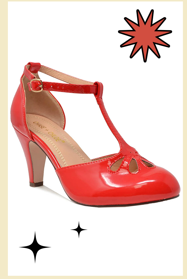Red Patent Leatherette T-Strap Mary Jane Pumps