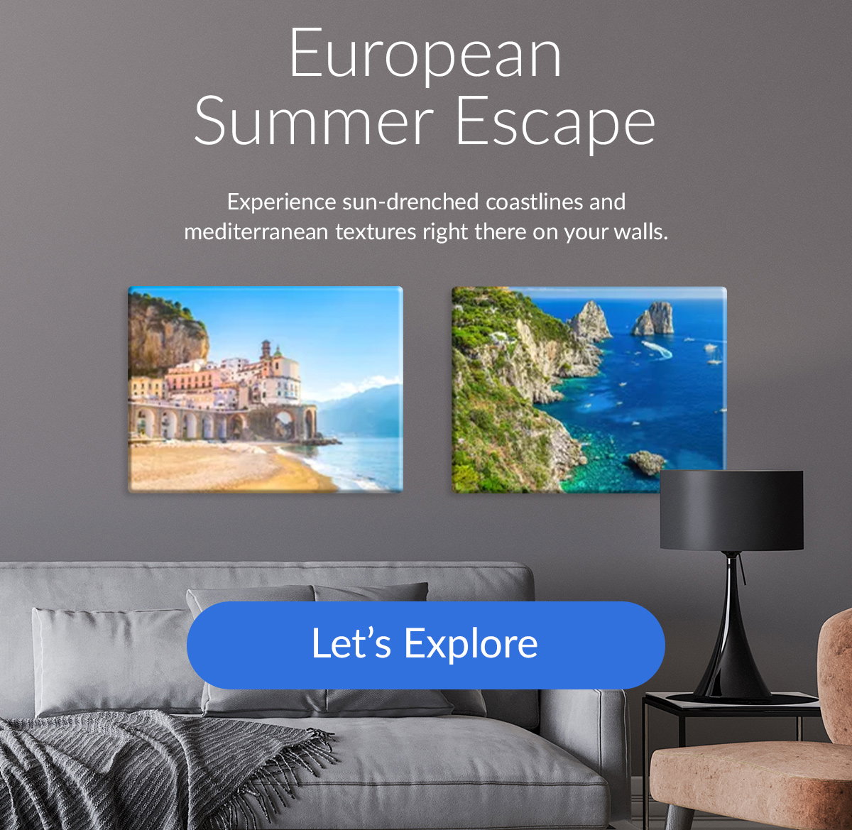 European Summer Escape  Experience sun-drenched coastlines and mediterranean textures right there on your walls.