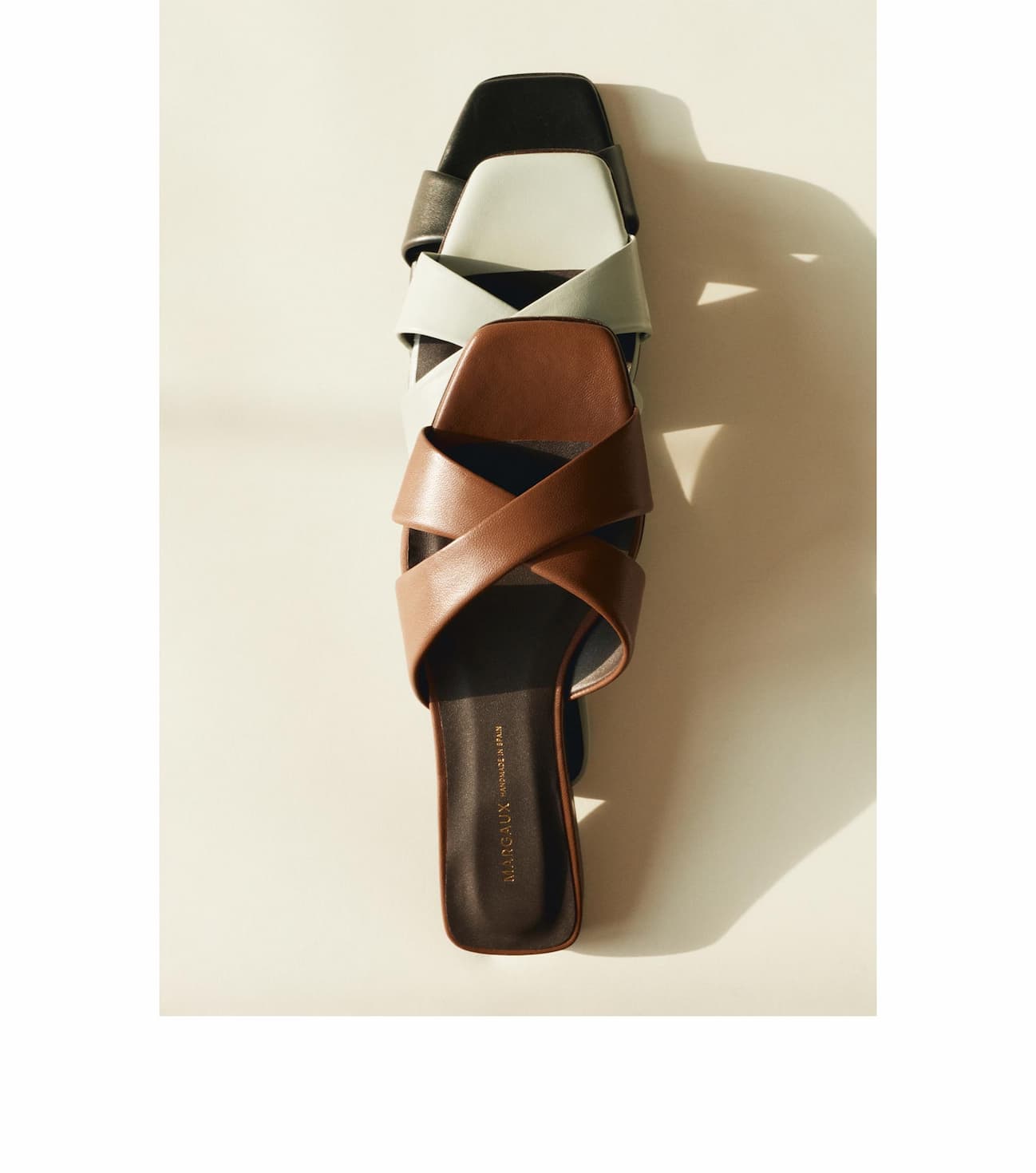 The Selene Sandal in Cognac, Sky and Black Nappa