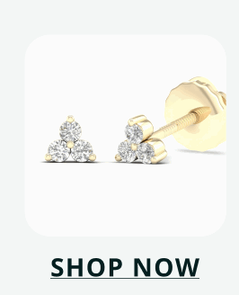 A pair of gold studs featuring three-stone triangular cluster of round gems. Click here to shop now